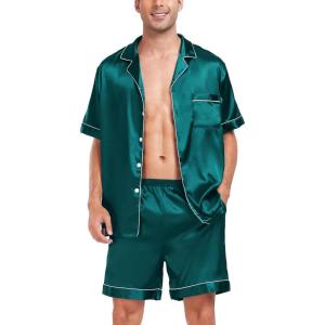 SWOMOG Men Satin Silk Pajamas Sets Short Sleeve Sleepwear Button-Down PJs Sets Two-Pieces Loungewear with Pockets(Green)