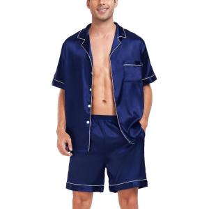 SWOMOG Men Satin Silk Pajamas Sets Short Sleeve Sleepwear Button-Down PJs Sets Two-Pieces Loungewear with Pockets(Navy Blue)