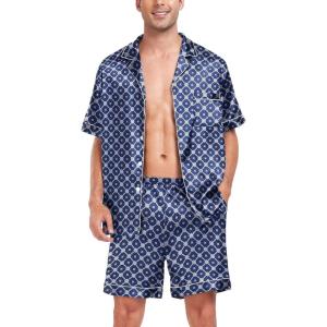 SWOMOG Men Satin Silk Pajamas Sets Short Sleeve Sleepwear Button-Down PJs Sets Two-Pieces Loungewear with Pockets(Navy Blue Floral)