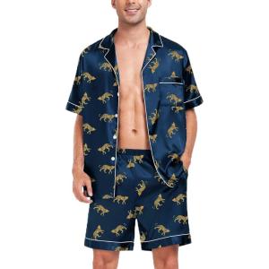SWOMOG Men Satin Silk Pajamas Sets Short Sleeve Sleepwear Button-Down PJs Sets Two-Pieces Loungewear with Pockets(Navy Bue Leopard)