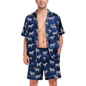 SWOMOG Men Satin Silk Pajamas Sets Short Sleeve Sleepwear Button-Down PJs Sets Two-Pieces Loungewear with Pockets(Navy Bue Zebra)