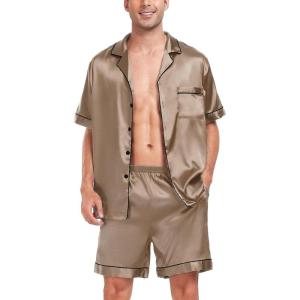 SWOMOG Men Satin Silk Pajamas Sets Short Sleeve Sleepwear Button-Down PJs Sets Two-Pieces Loungewear with Pockets(Opaue Couche)