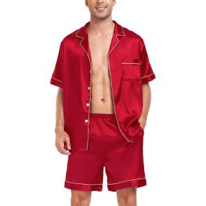 SWOMOG Men Satin Silk Pajamas Sets Short Sleeve Sleepwear Button-Down PJs Sets Two-Pieces Loungewear with Pockets(Red)
