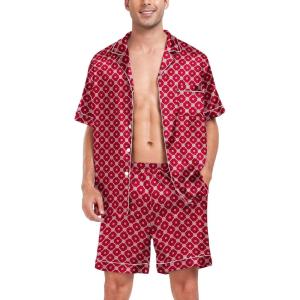 SWOMOG Men Satin Silk Pajamas Sets Short Sleeve Sleepwear Button-Down PJs Sets Two-Pieces Loungewear with Pockets(Red Floral)