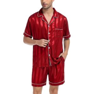 SWOMOG Men Satin Silk Pajamas Sets Short Sleeve Sleepwear Button-Down PJs Sets Two-Pieces Loungewear with Pockets(Red Sriped)