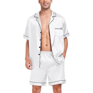 SWOMOG Men Satin Silk Pajamas Sets Short Sleeve Sleepwear Button-Down PJs Sets Two-Pieces Loungewear with Pockets(White)