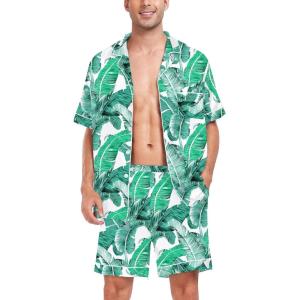 SWOMOG Men Satin Silk Pajamas Sets Short Sleeve Sleepwear Button-Down PJs Sets Two-Pieces Loungewear with Pockets(White Leave)