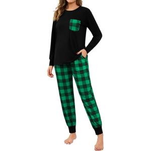 SWOMOG Women Christmas Pajamas Sets Buffalo Plaid Pajama Pants with Pockets Long Sleeve Tops Loungewear Set(Black & Green Plaid)