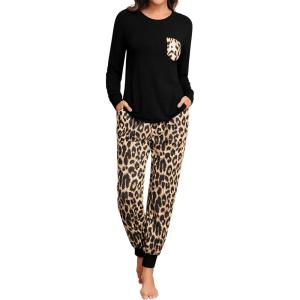 SWOMOG Women Christmas Pajamas Sets Buffalo Plaid Pajama Pants with Pockets Long Sleeve Tops Loungewear Set(Black Leopard)
