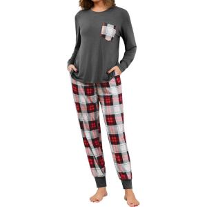 SWOMOG Women Christmas Pajamas Sets Buffalo Plaid Pajama Pants with Pockets Long Sleeve Tops Loungewear Set(Deep Grey)