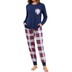 SWOMOG Women Christmas Pajamas Sets Buffalo Plaid Pajama Pants with Pockets Long Sleeve Tops Loungewear Set(Navy Blue)