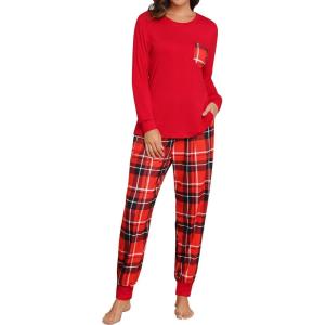 SWOMOG Women Christmas Pajamas Sets Buffalo Plaid Pajama Pants with Pockets Long Sleeve Tops Loungewear Set(Red Black Plaid With White Stripe)