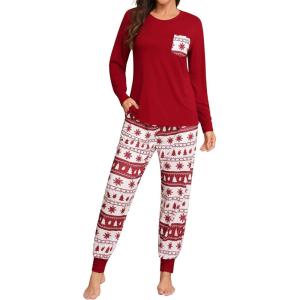 SWOMOG Women Christmas Pajamas Sets Buffalo Plaid Pajama Pants with Pockets Long Sleeve Tops Loungewear Set(Wine Red Tree)