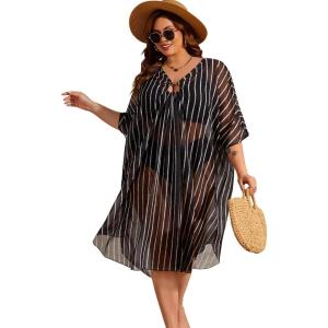 SWOMOG Women Plus Size Swimsuit Cover Up Sexy V Neck Bathing Suit Keyhole Swimwear Bikini Coverup Chiffon Summer Beachwear(Black Stripe)
