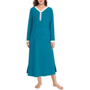 SWOMOG Womens Nightgown Long Sleeve Sleep Shirts Oversized Sleep Dress Long Soft Housecoat With Pockets(Peacock Blue)