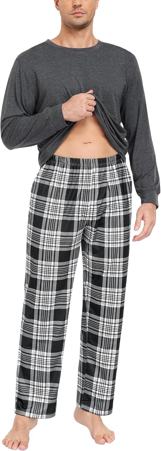 imageSWOMOG Mens Pajama Set Sleepwear Pjs Set Long Sleeve Shirts Plaid Pj Pants 2 PCS Loungewear Set with PocketsBlack Grey