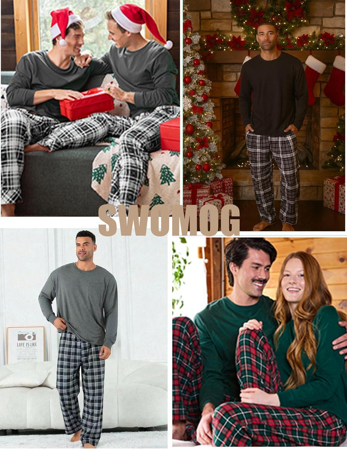 imageSWOMOG Mens Pajama Set Sleepwear Pjs Set Long Sleeve Shirts Plaid Pj Pants 2 PCS Loungewear Set with PocketsBlack Grey