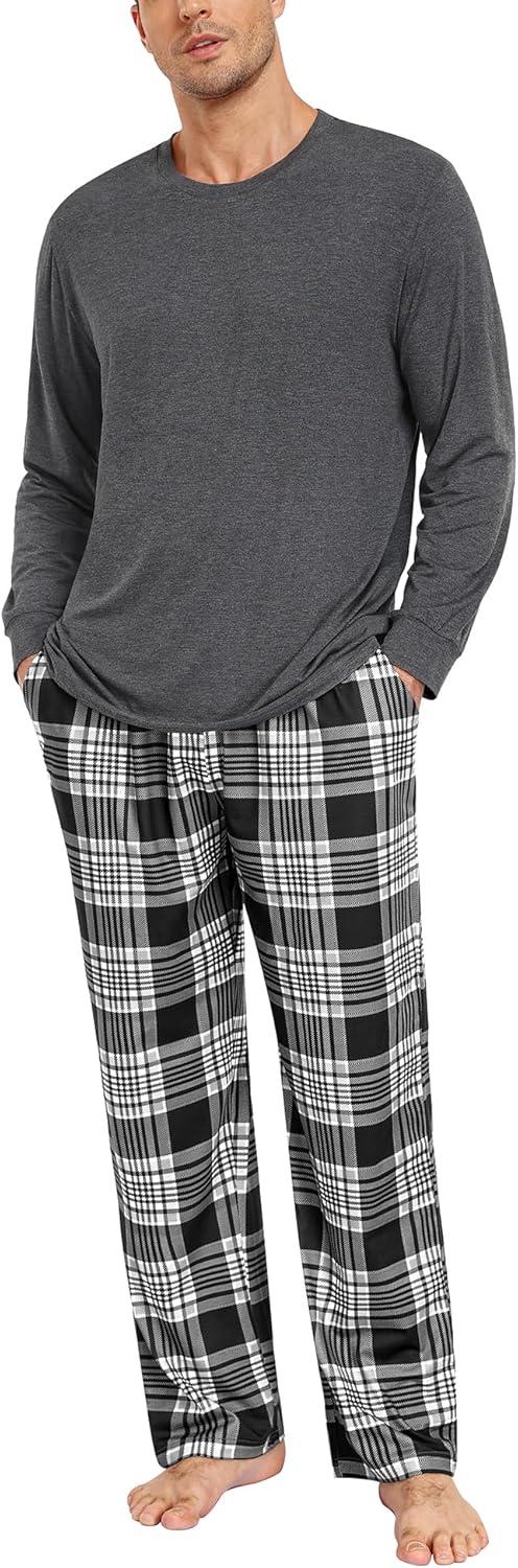 imageSWOMOG Mens Pajama Set Sleepwear Pjs Set Long Sleeve Shirts Plaid Pj Pants 2 PCS Loungewear Set with PocketsBlack Grey
