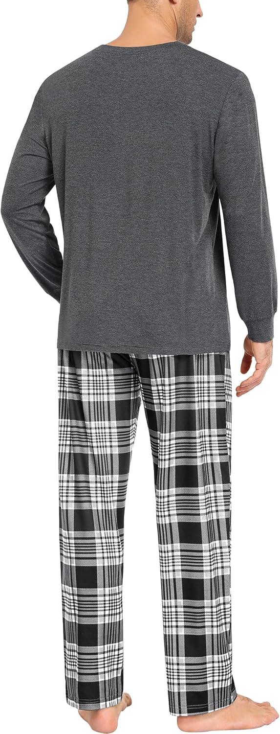 imageSWOMOG Mens Pajama Set Sleepwear Pjs Set Long Sleeve Shirts Plaid Pj Pants 2 PCS Loungewear Set with PocketsBlack Grey
