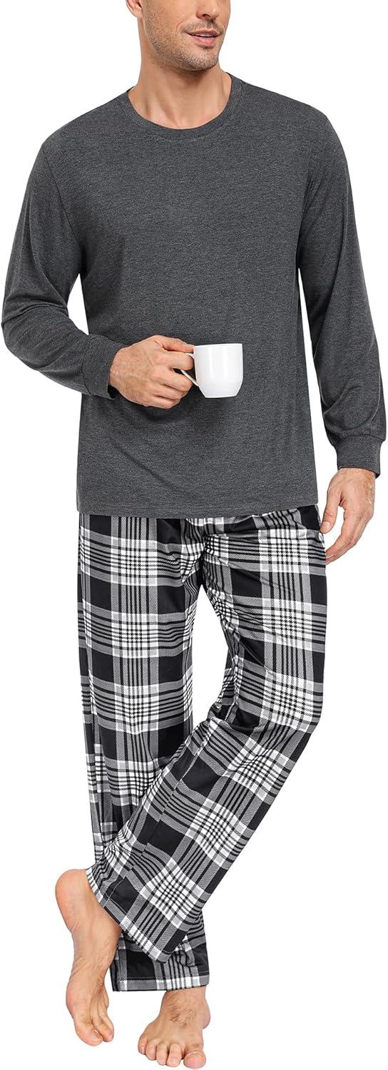imageSWOMOG Mens Pajama Set Sleepwear Pjs Set Long Sleeve Shirts Plaid Pj Pants 2 PCS Loungewear Set with PocketsBlack Grey