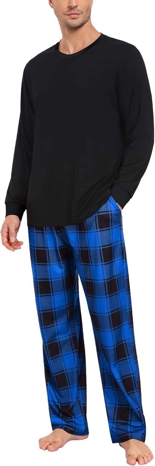 imageSWOMOG Mens Pajama Set Sleepwear Pjs Set Long Sleeve Shirts Plaid Pj Pants 2 PCS Loungewear Set with PocketsBlue