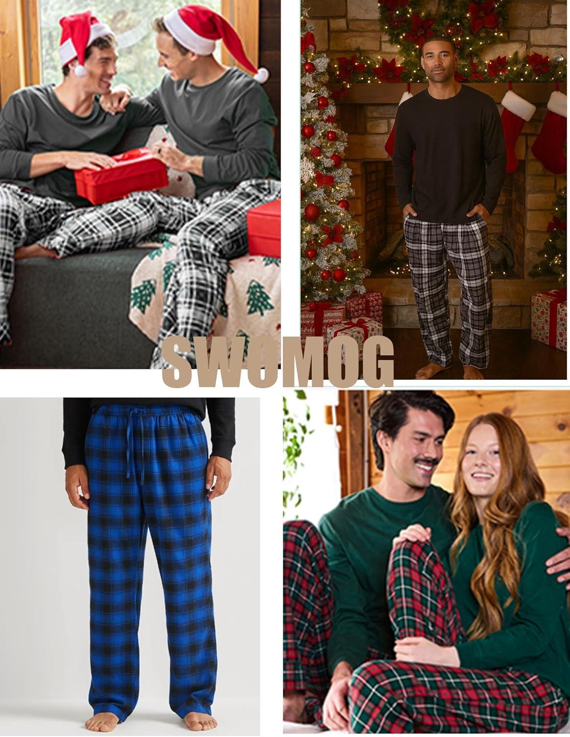 imageSWOMOG Mens Pajama Set Sleepwear Pjs Set Long Sleeve Shirts Plaid Pj Pants 2 PCS Loungewear Set with PocketsBlue