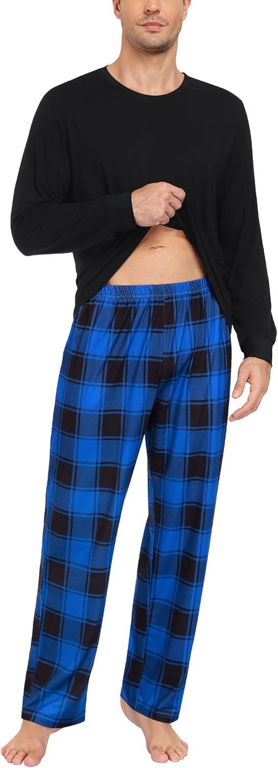 imageSWOMOG Mens Pajama Set Sleepwear Pjs Set Long Sleeve Shirts Plaid Pj Pants 2 PCS Loungewear Set with PocketsBlue