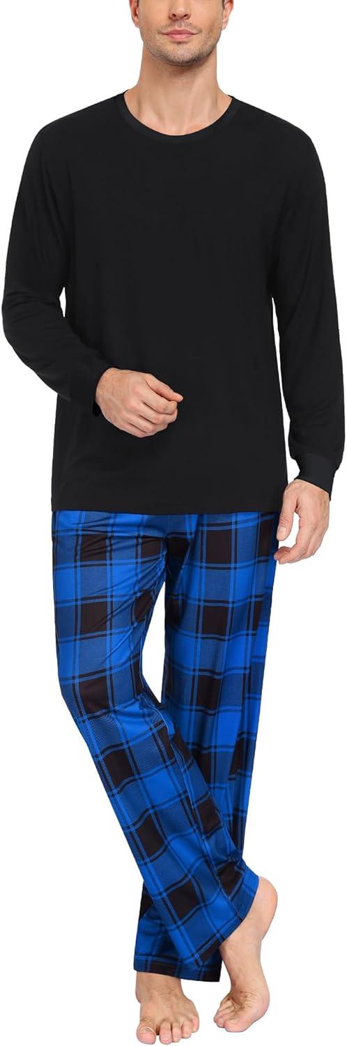 imageSWOMOG Mens Pajama Set Sleepwear Pjs Set Long Sleeve Shirts Plaid Pj Pants 2 PCS Loungewear Set with PocketsBlue