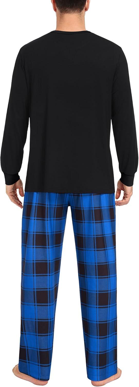 imageSWOMOG Mens Pajama Set Sleepwear Pjs Set Long Sleeve Shirts Plaid Pj Pants 2 PCS Loungewear Set with PocketsBlue
