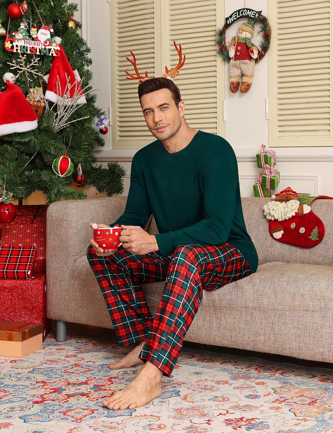imageSWOMOG Mens Pajama Set Sleepwear Pjs Set Long Sleeve Shirts Plaid Pj Pants 2 PCS Loungewear Set with PocketsDeep Green