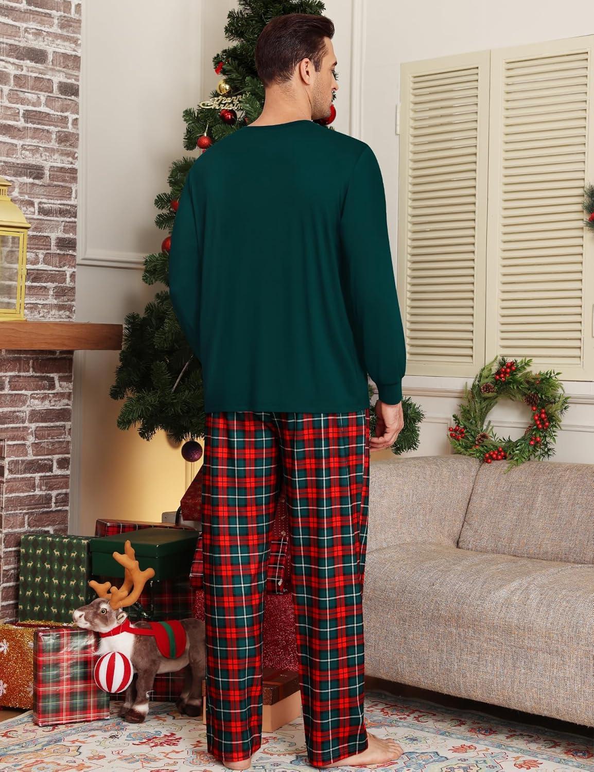 imageSWOMOG Mens Pajama Set Sleepwear Pjs Set Long Sleeve Shirts Plaid Pj Pants 2 PCS Loungewear Set with PocketsDeep Green