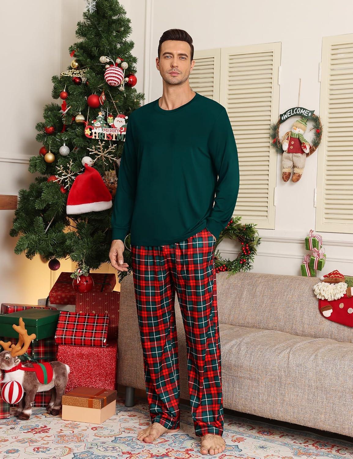 imageSWOMOG Mens Pajama Set Sleepwear Pjs Set Long Sleeve Shirts Plaid Pj Pants 2 PCS Loungewear Set with PocketsDeep Green