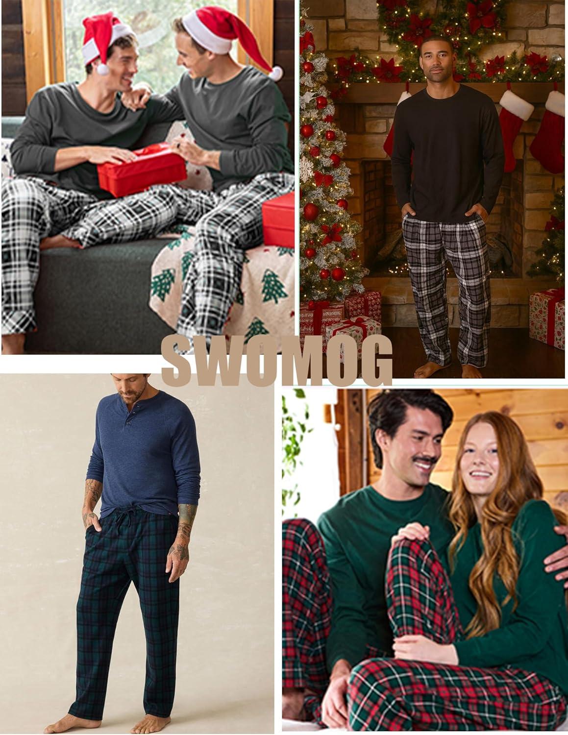 imageSWOMOG Mens Pajama Set Sleepwear Pjs Set Long Sleeve Shirts Plaid Pj Pants 2 PCS Loungewear Set with PocketsDeep Green