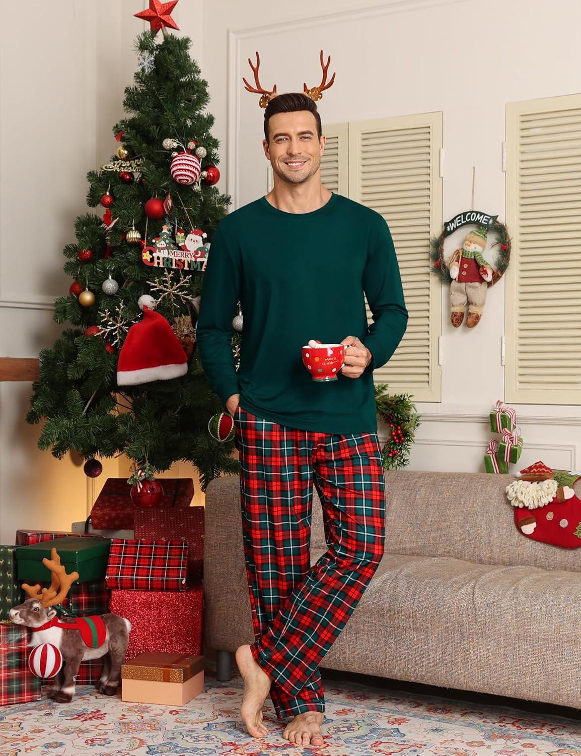 imageSWOMOG Mens Pajama Set Sleepwear Pjs Set Long Sleeve Shirts Plaid Pj Pants 2 PCS Loungewear Set with PocketsDeep Green