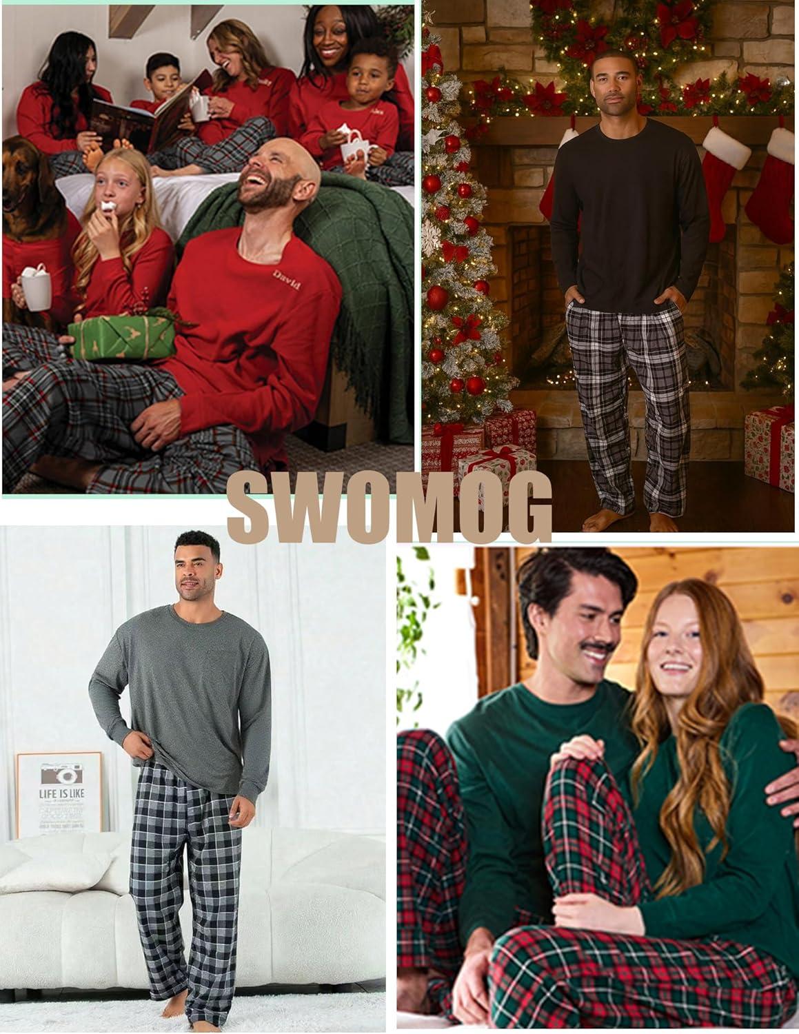 imageSWOMOG Mens Pajama Set Sleepwear Pjs Set Long Sleeve Shirts Plaid Pj Pants 2 PCS Loungewear Set with PocketsRed