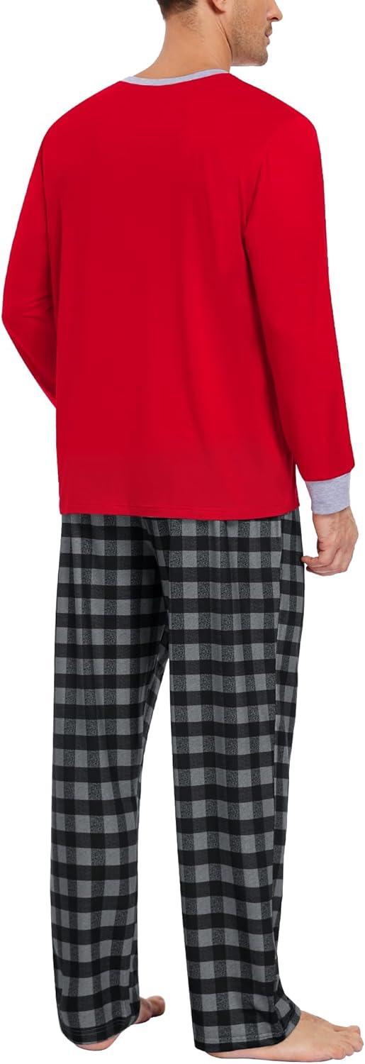 imageSWOMOG Mens Pajama Set Sleepwear Pjs Set Long Sleeve Shirts Plaid Pj Pants 2 PCS Loungewear Set with PocketsRed