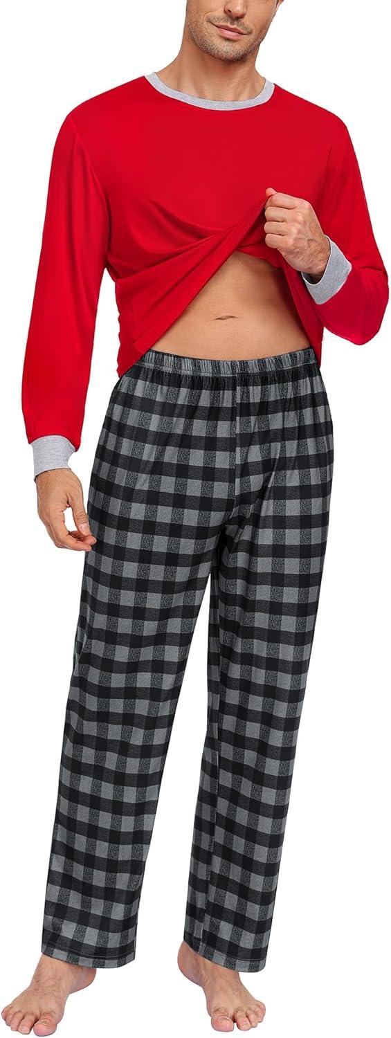 imageSWOMOG Mens Pajama Set Sleepwear Pjs Set Long Sleeve Shirts Plaid Pj Pants 2 PCS Loungewear Set with PocketsRed