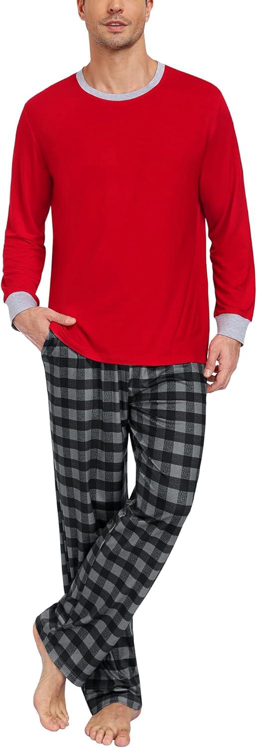imageSWOMOG Mens Pajama Set Sleepwear Pjs Set Long Sleeve Shirts Plaid Pj Pants 2 PCS Loungewear Set with PocketsRed