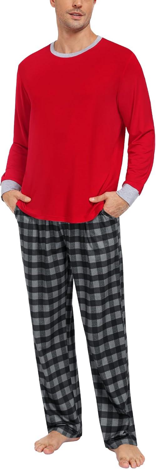 imageSWOMOG Mens Pajama Set Sleepwear Pjs Set Long Sleeve Shirts Plaid Pj Pants 2 PCS Loungewear Set with PocketsRed