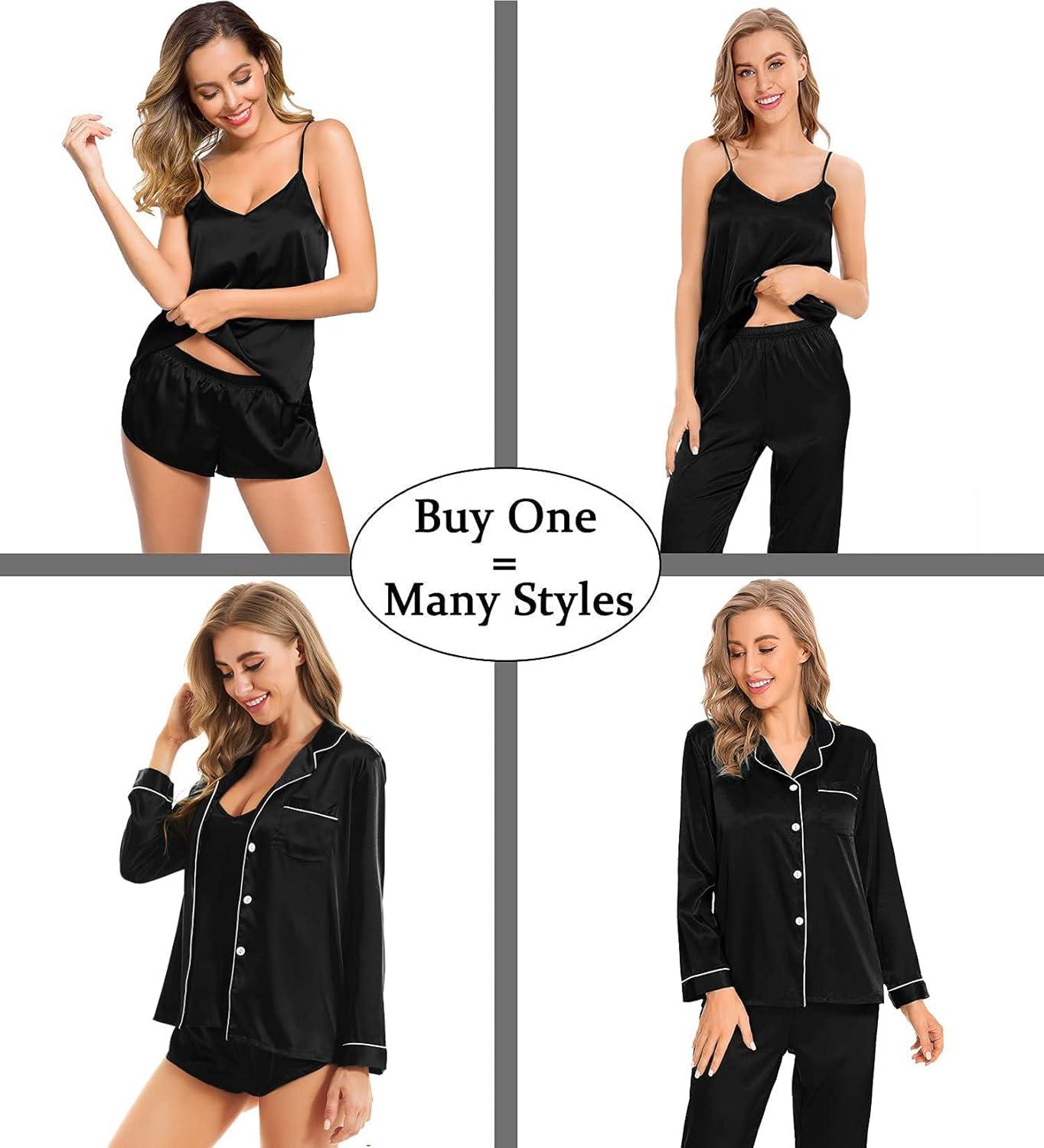 imageSWOMOG Women Satin Pajamas 4pcs Pajama Set Sexy Cami Shorts Set and Button Down Long Sleeve Pjs Loungewear Sleepwear BlackXSmall