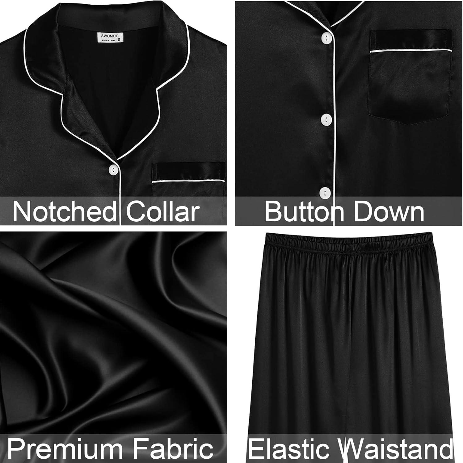 imageSWOMOG Women Satin Pajamas 4pcs Pajama Set Sexy Cami Shorts Set and Button Down Long Sleeve Pjs Loungewear Sleepwear BlackXSmall