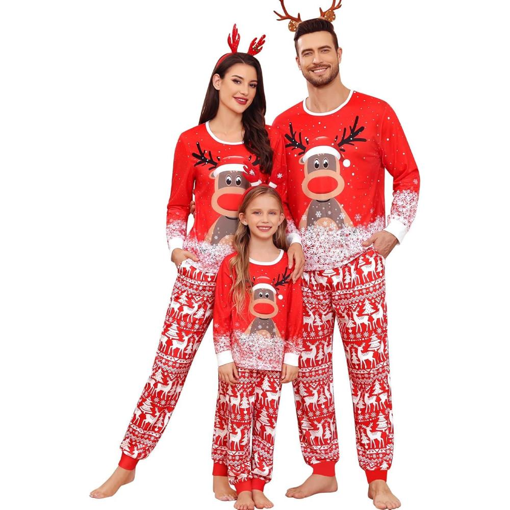 imageSWOMOG Family Christmas Pajamas Matching Sets Holiday Christmas Jammies Christmas PJs Matching Xmas Pjs for Adults Kids Red Christmas Deer Women XLarge