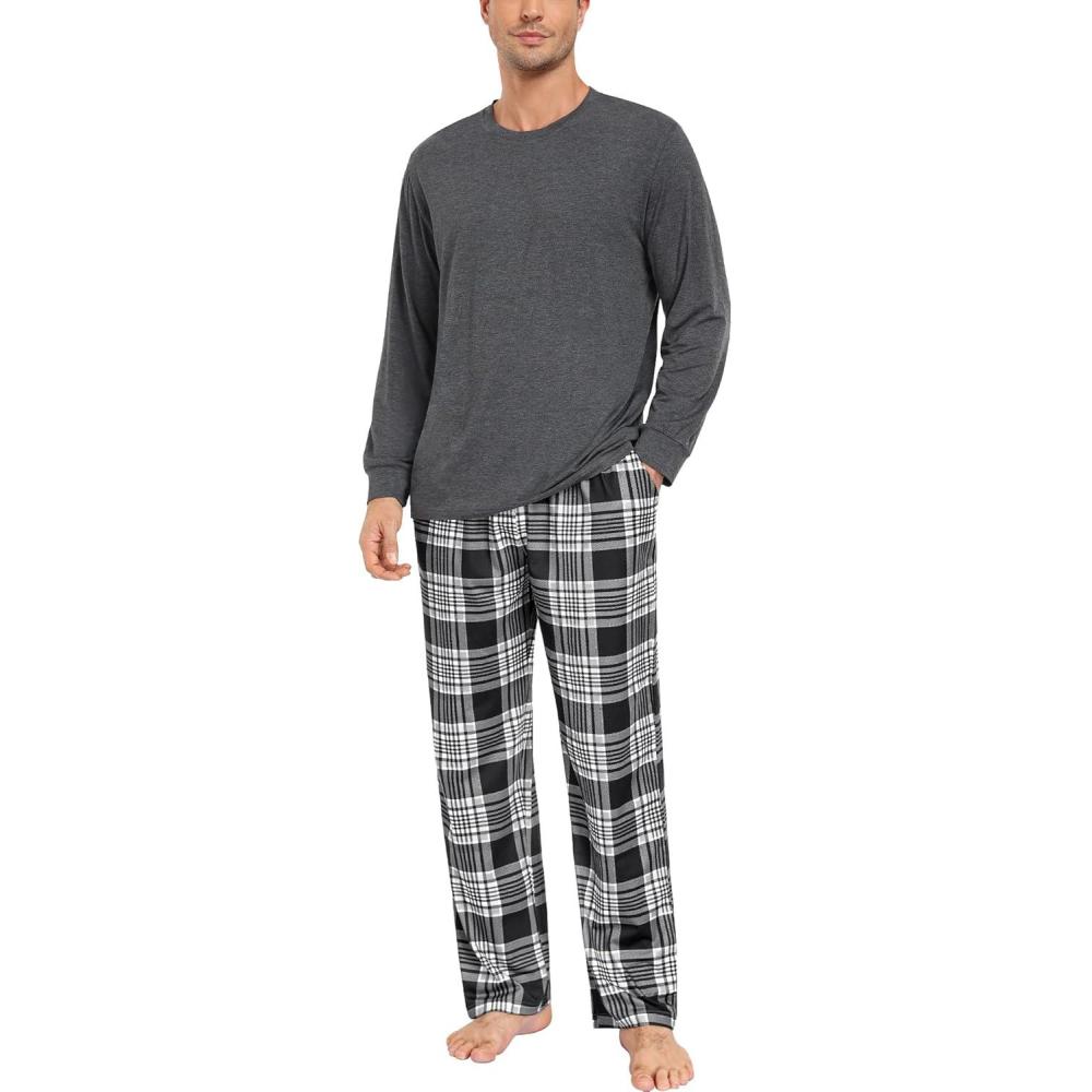 imageSWOMOG Mens Pajama Set Sleepwear Pjs Set Long Sleeve Shirts Plaid Pj Pants 2 PCS Loungewear Set with PocketsBlack Grey