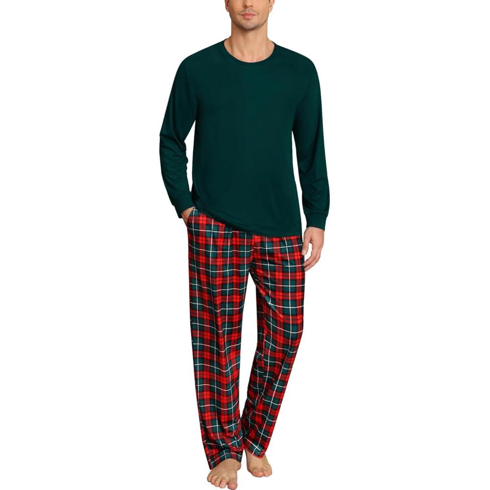 imageSWOMOG Mens Pajama Set Sleepwear Pjs Set Long Sleeve Shirts Plaid Pj Pants 2 PCS Loungewear Set with PocketsDeep Green