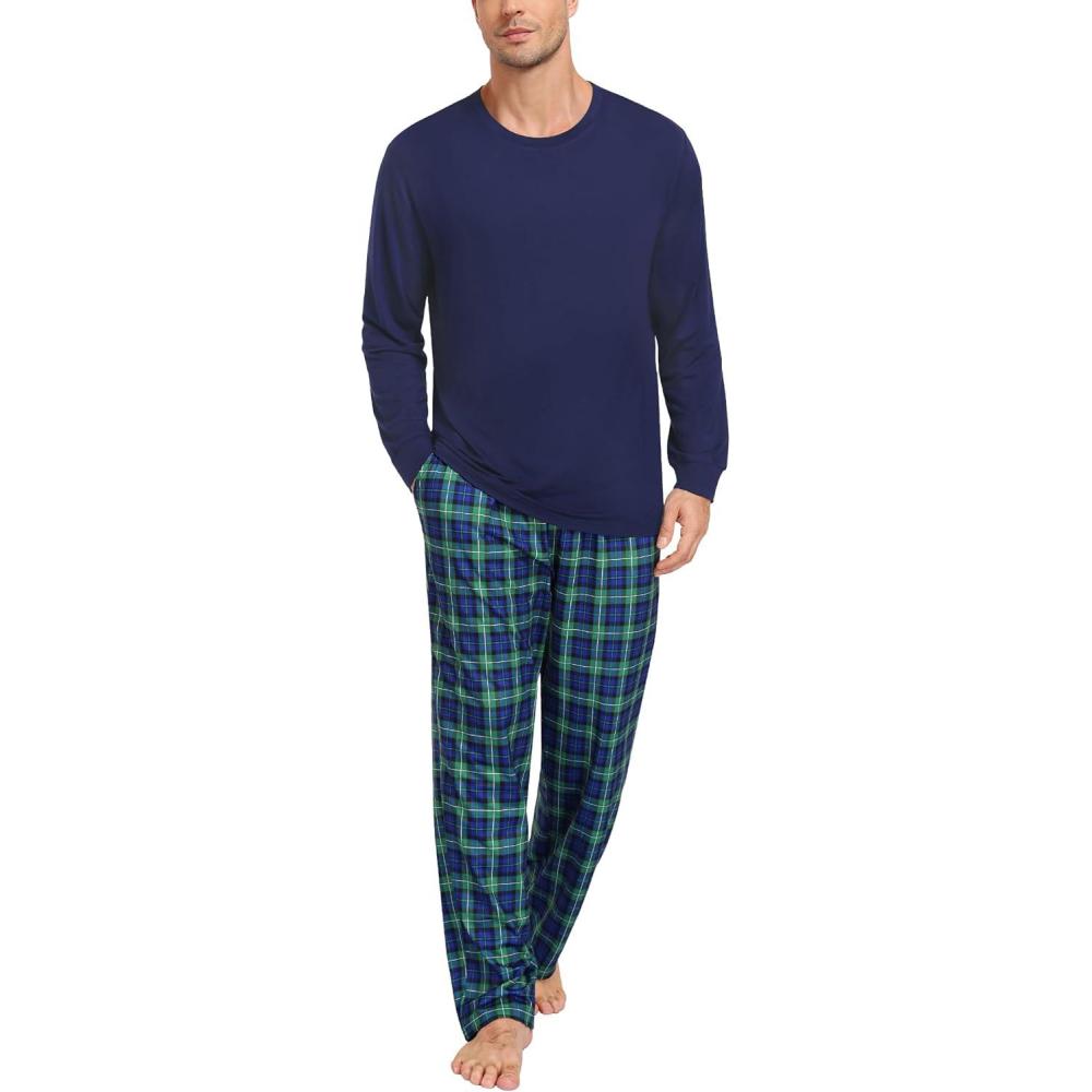 imageSWOMOG Mens Pajama Set Sleepwear Pjs Set Long Sleeve Shirts Plaid Pj Pants 2 PCS Loungewear Set with PocketsGreen