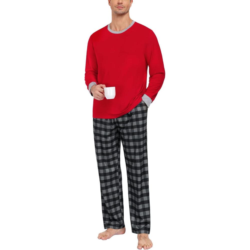 imageSWOMOG Mens Pajama Set Sleepwear Pjs Set Long Sleeve Shirts Plaid Pj Pants 2 PCS Loungewear Set with PocketsRed