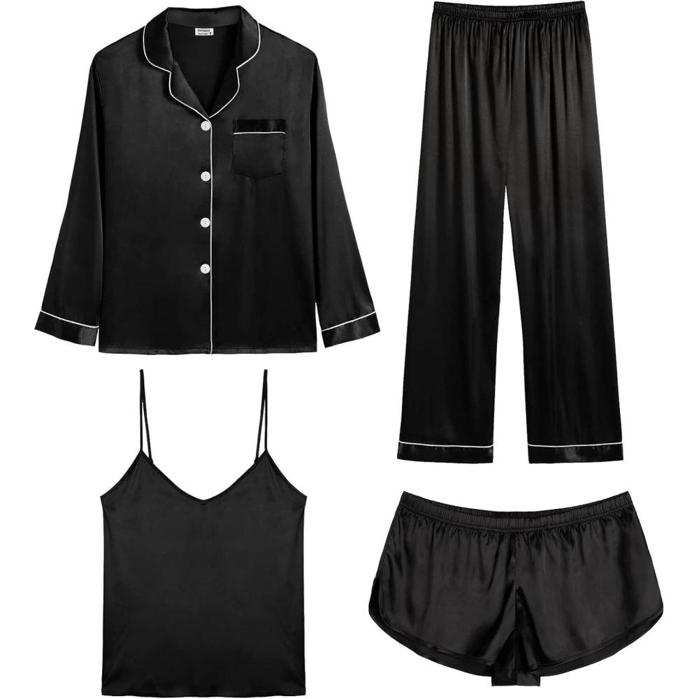 imageSWOMOG Women Satin Pajamas 4pcs Pajama Set Sexy Cami Shorts Set and Button Down Long Sleeve Pjs Loungewear Sleepwear BlackXSmall