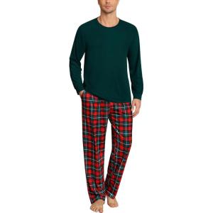 SWOMOG Mens Pajama Set Sleepwear Pjs Set Long Sleeve Shirts Plaid Pj Pants 2 PCS Loungewear Set with Pockets(Deep Green)