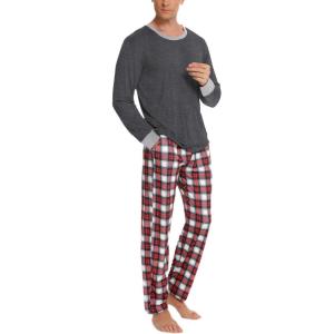 SWOMOG Mens Pajama Set Sleepwear Pjs Set Long Sleeve Shirts Plaid Pj Pants 2 PCS Loungewear Set with Pockets(Deep Grey)