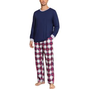 SWOMOG Mens Pajama Set Sleepwear Pjs Set Long Sleeve Shirts Plaid Pj Pants 2 PCS Loungewear Set with Pockets(Navy Blue)
